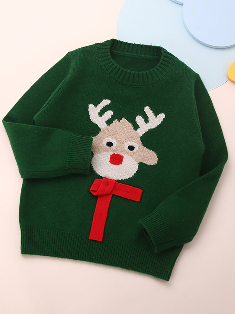 Kids Christmas Reindeer Cashmere Sweater with 3D Bow